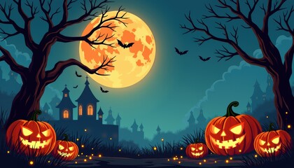 Halloween card with pumpkin art, cobweb in dark corner. Spooky greeting for October party, lantern on creepy house wall.