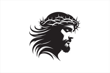 Minimalist Black Silhouette of Jesus Christ with Crown of Thorns  Clean Line Art 87.eps