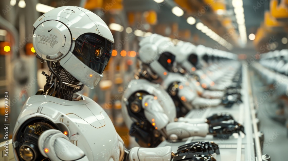 Poster robots working on an assembly line in a modern manufacturing facility at twilight, showcasing advanc