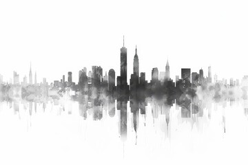 Fototapeta premium A monochromatic skyline view of New York City reflecting on a tranquil surface during twilight hours creates a serene atmosphere