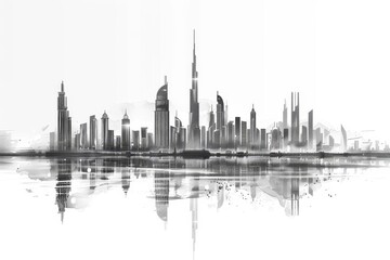 Obraz premium A striking black and white skyline of Dubai showcasing iconic skyscrapers and a peaceful water reflection in the early morning light