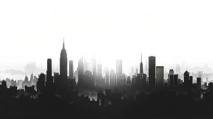 Silhouette of a city skyline at dusk with tall buildings and an iconic tower against a glowing background