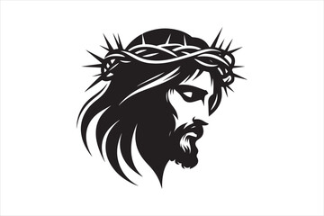 Minimalist Black Silhouette of Jesus Christ with Crown of Thorns  Clean Line Art 94.eps