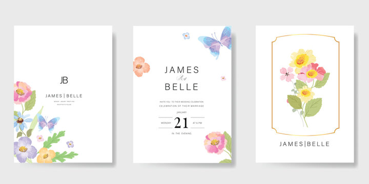 sweet elegant pink botanical Wedding Invitation, floral invite thank you, rsvp modern card Design in leaf and flower water color texture decorative Vector elegant rustic template