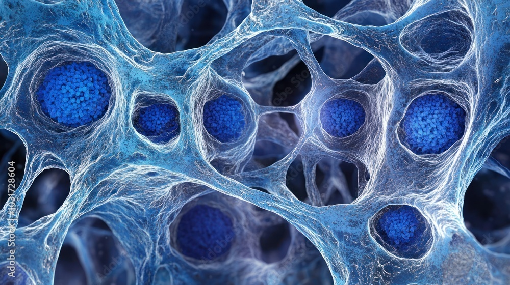 Poster Microscopic View of Blue Cells Enclosed in a Complex Network of Veins