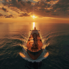 Fototapeta premium Large tanker ship is sailing across a calm ocean at sunset