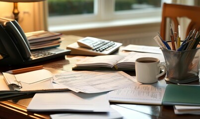 Office desk with papers, coffee and pens.