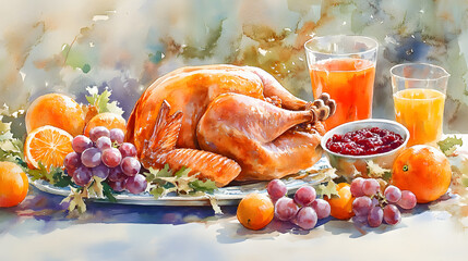 Decorated table roasted turkey or chiken in sauce with rosemary, cozy fireplace in the background. Holiday celebration dinner Christmas or Thanksgiving.