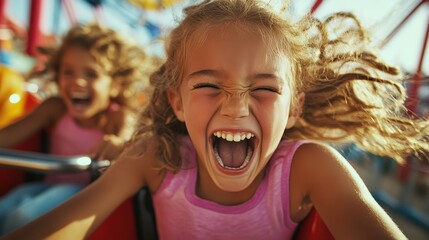 Kids laugh heartily as they enjoy a roller coaster ride, their expressions filled with excitement and glee, during a thrilling adventure at an amusement park.