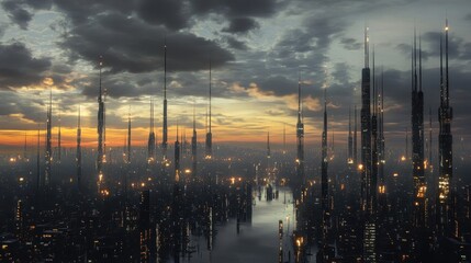 A futuristic cityscape at dusk, featuring towering skyscrapers with lights illuminating a waterway under a dramatic sky.
