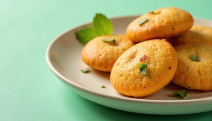 Freshly made pooris served with rich curry isolated on a refreshing mint green background.