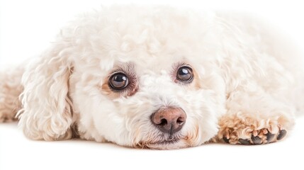 A fluffy white dog resting its head on the ground, looking curiously at the camera.