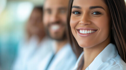 Fototapeta premium Smiling female doctor in focus with diverse medical team, healthcare professionals promoting unity, confidence, and excellence in patient care and modern health services, teamwork and expertise