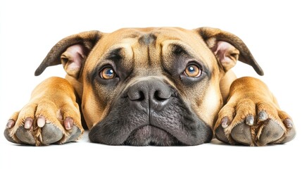 Obraz premium A close-up of a relaxed dog resting its head on its paws, with expressive eyes.