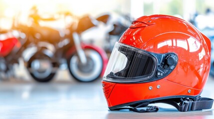 Fototapeta premium Vibrant Red Motorcycle Helmet with Racing Bike in Background
