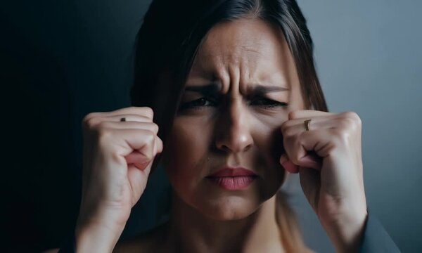 Close up of a woman with a worried expression.  Her brows are furrowed and her mouth is slightly open.