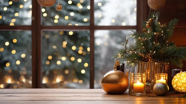 Empty wooden table on the background blurred winter holiday background.The background can be used for mounting or displaying your products.