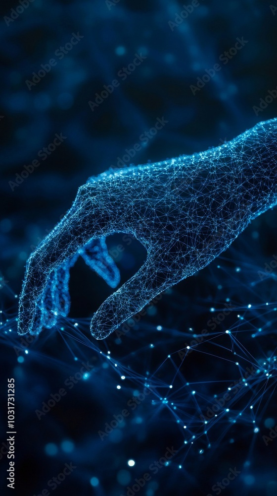 Poster a glowing blue digital hand reaches out to connect with a network of shimmering nodes, creating a se