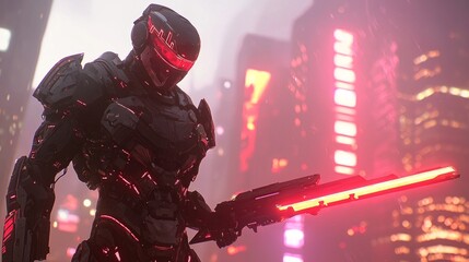 Cybernetic Warrior in a Futuristic Warfare 3D Render Stands Ready Amid Burning City Ruins - Ultra-Detailed Illustration of Sci-Fi Battle Scene