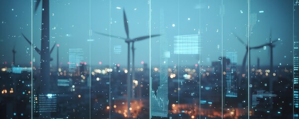 Wind Turbines Over Cityscape with Digital Interface Elements in Blue Tones