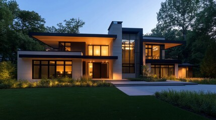 Modern suburban home at night, featuring clean geometric lines and hidden LED lighting accentuating the facades architectural elements