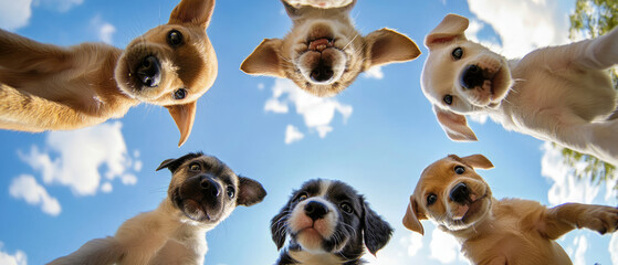 Obraz premium cute mix of different breeds of cute puppies dog with expressive faces looking down in a circular formation against a background of bright blue sky and fluffy clouds