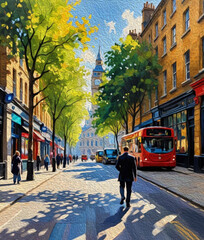 Obraz premium Oil painting. City landscape. Pattern for printing on wall decorations, fabrics, and for use in graphics.
