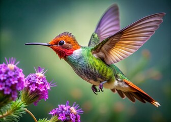 Fototapeta premium Tufted Coquette Hummingbird Pollinating Purple Flowers in Serene Gray Background