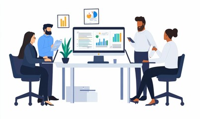 Four people analyzing data in a meeting.