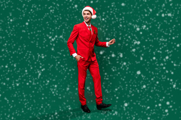 Fototapeta premium Full length body size view of attractive classy luxury confident cheerful guy dancing rest isolated over green color background