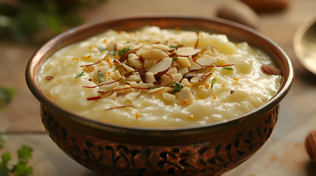 A bowl of basundi with a sprinkle of almonds and saffron