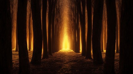 A dark forest illuminated by a warm glow at the end, creating a mystical and enchanting atmosphere.