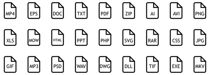 File type line icons. File formats in flat design. File and documents extensions. Icons for ui. Vector illustration isolated on white background.