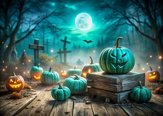 Turquoise Pumpkins in Eerie Moonlit Graveyard with Zombies and Bokeh Effect