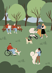 A lively park scene with people and dogs. An elderly couple reads on a bench, a couple pushes a baby stroller, a person in a wheelchair pets a dog, and a woman hugs a large white dog.