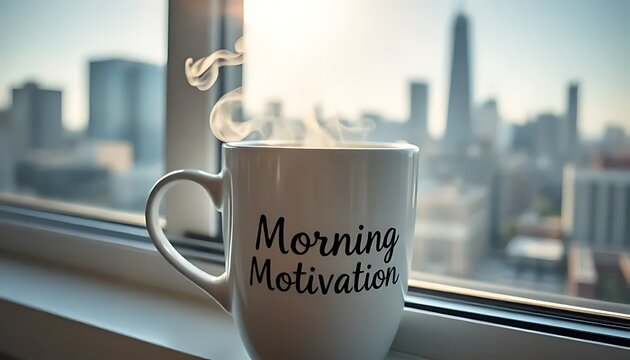 Morning Coffee Mug with Inspirational Quote on Windowsill with City View