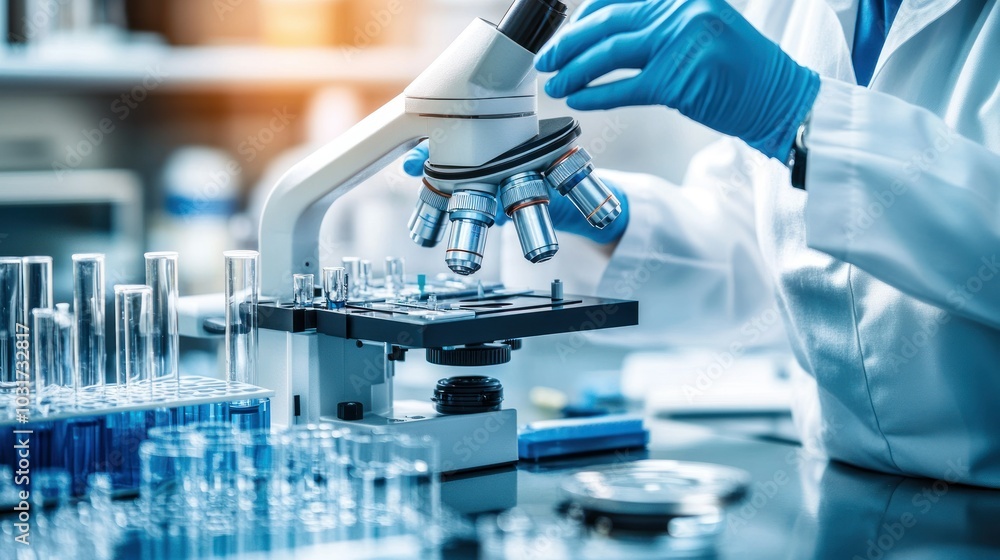 Poster Close-up of a Microscope with a Scientist's Hand Adjusting Lenses in a Laboratory Setting