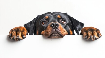 Obraz premium A Rottweiler peeks over a white surface, showcasing its expressive eyes and paws.