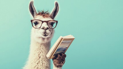 A llama wearing glasses reads a book against a pastel background.