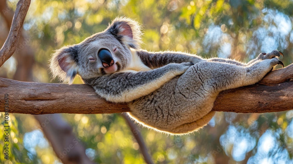 Wall mural A koala relaxing on a tree branch in a natural setting.