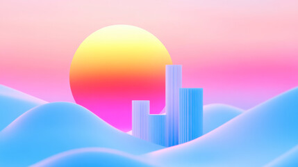 Depicts a city at sunrise, with the sun illuminating the silhouettes of tall buildings and the sky