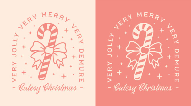 Cutesy Christmas very demure mindful jolly merry Holidays coquette preppy pink aesthetic candy cane with girly ribbon bow. Cute trendy funny girls quotes retro printable decor shirt design cut file.
