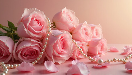 Pink roses and pearls on soft pink background with petals