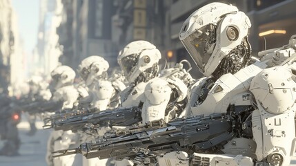 Fototapeta premium Dystopian Future: Robotic Enforcers Patrolling Streets in a Futuristic Warfare 3D Render Illustration