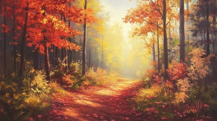 Obraz premium A serene forest path adorned with vibrant autumn foliage and soft sunlight.