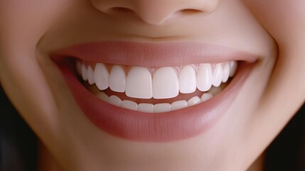 Obraz premium Close-up of a woman's smiling mouth, revealing perfect white teeth and pink lips.