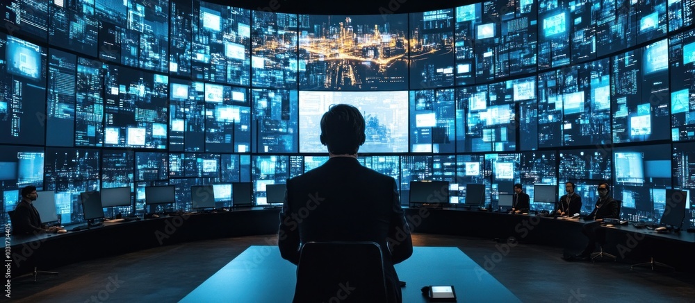 Poster a lone man sits in a dark room surrounded by screens displaying data. he looks at a screen displayin