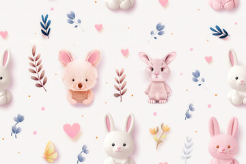 Cute Bunny Pattern: Adorable pink and white bunnies with floral accents in a charming and playful pattern, perfect for baby apparel, nursery decor, and children's textiles. 