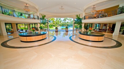 Fototapeta premium Luxurious Tropical Resort Lobby with Elegant Decor and Water Fountain