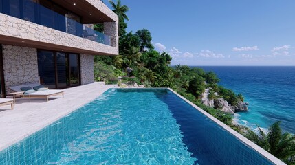 Fototapeta premium Luxury Villa Infinity Pool Overlooking Ocean and Tropical Landscape